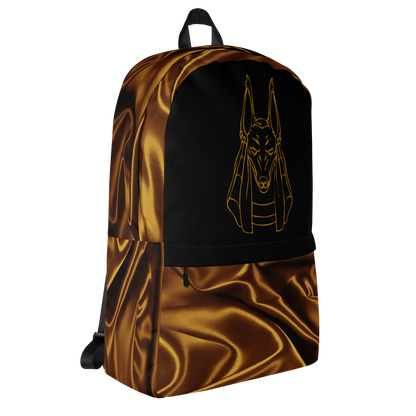 Backpack Featuring Anubis Line Drawing on Black Background and Gold Silk