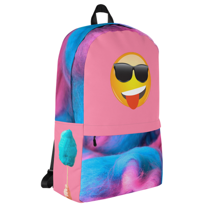 Pink Backpack Featuring Emoji Wearing Sunglasses With Tongue Out  on Top and Cotton Candy on Front Pouch, Top and Sides - Left Side