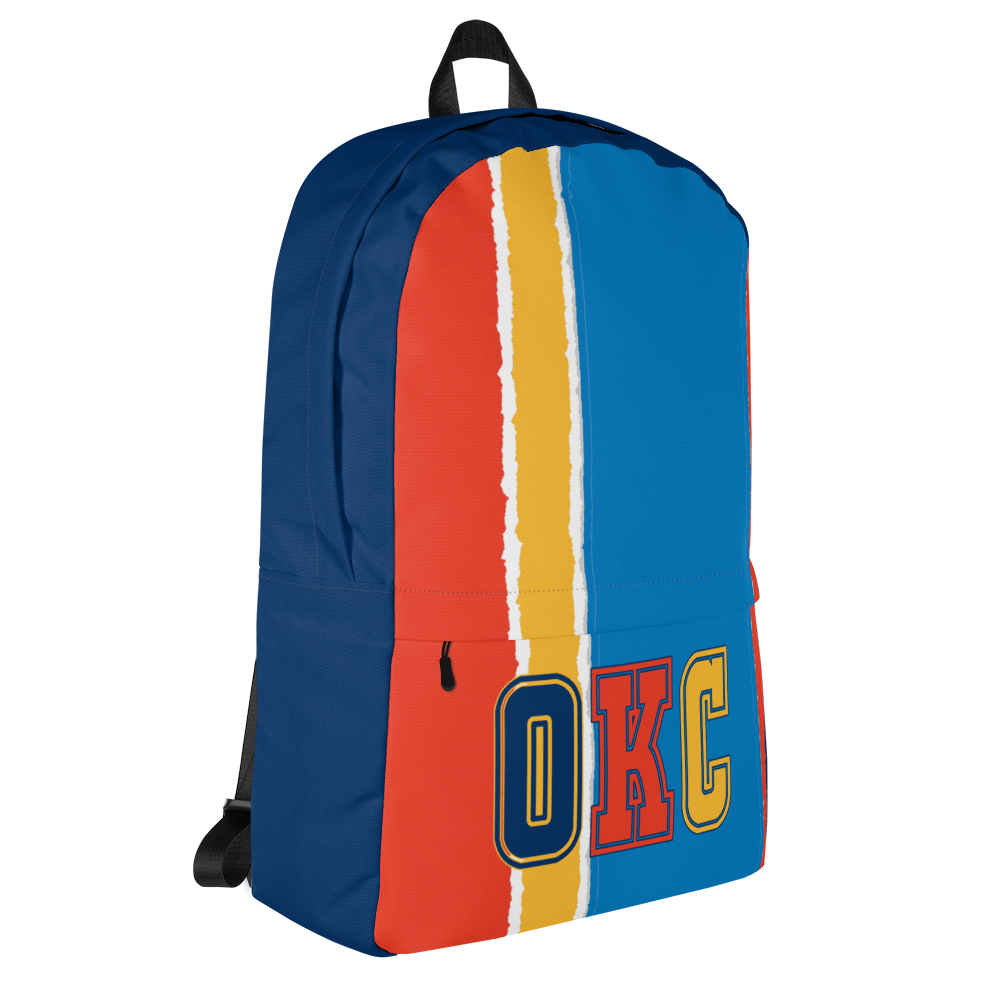 Orange, Yellow, Light &amp; Dark Blue Backpack, Dark Blue Trim with OKC Text - Left Side