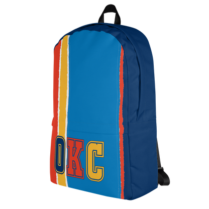 Orange, Yellow, Light &amp; Dark Blue Backpack, Dark Blue Trim with OKC Text - Right Side