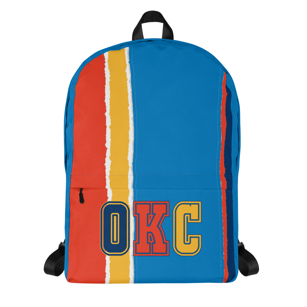 Orange, Yellow, Light &amp; Dark Blue Backpack, Light Blue Trim with OKC Text - Front