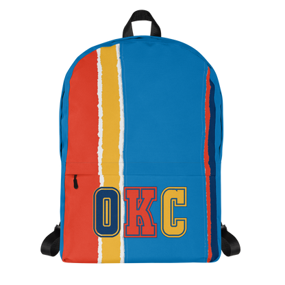 Orange, Yellow, Light &amp; Dark Blue Backpack, Light Blue Trim with OKC Text - Front