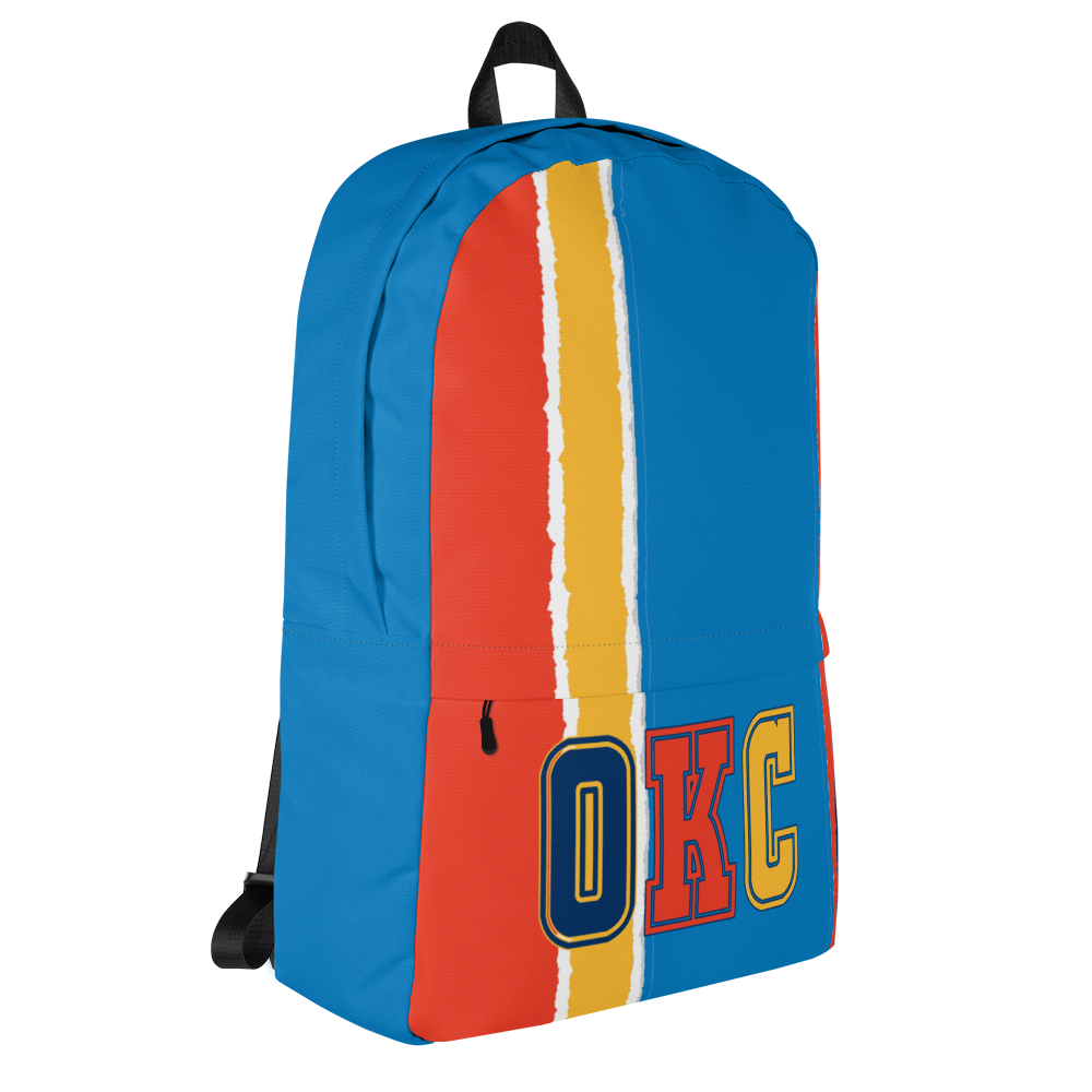 Orange, Yellow, Light &amp; Dark Blue Backpack, Light Blue Trim with OKC Text - Left Side