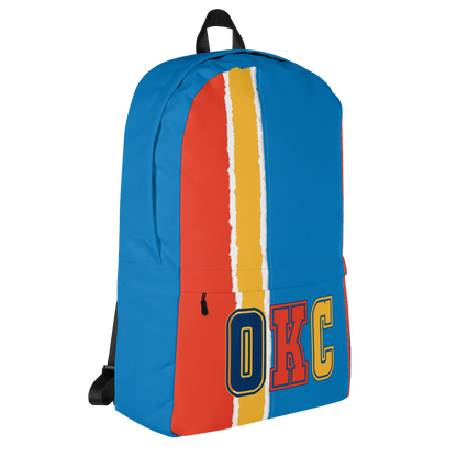 Orange, Yellow, Light &amp; Dark Blue Backpack, Light Blue Trim with OKC Text - Left Side