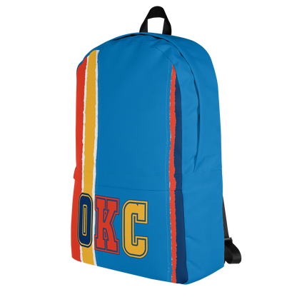 Orange, Yellow, Light &amp; Dark Blue Backpack, Light Blue Trim with OKC Text - Right Side