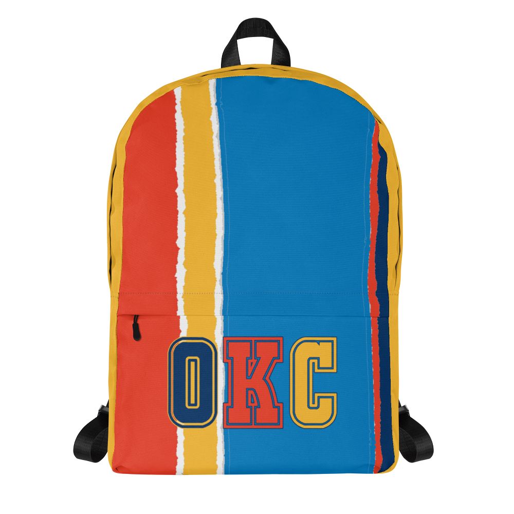 Orange, Yellow, Light &amp; Dark Blue Backpack, Yellow Trim with OKC Text - Front