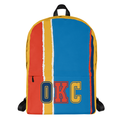 Orange, Yellow, Light &amp; Dark Blue Backpack, Yellow Trim with OKC Text - Front