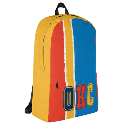 Orange, Yellow, Light &amp; Dark Blue Backpack, Yellow Trim with OKC Text - Left Side