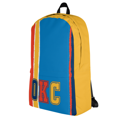 Orange, Yellow, Light &amp; Dark Blue Backpack, Yellow Trim with OKC Text - Right Side