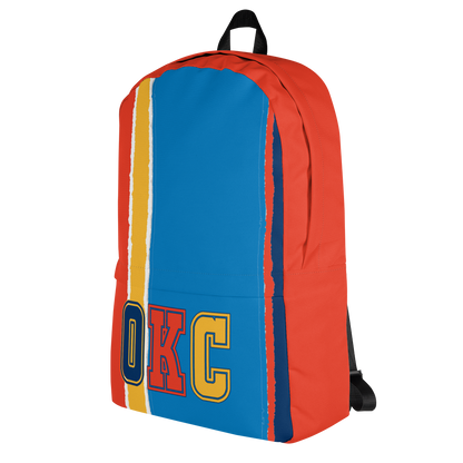 Orange, Yellow, Light &amp; Dark Blue Backpack, Orange Trim with OKC Text - Right Side