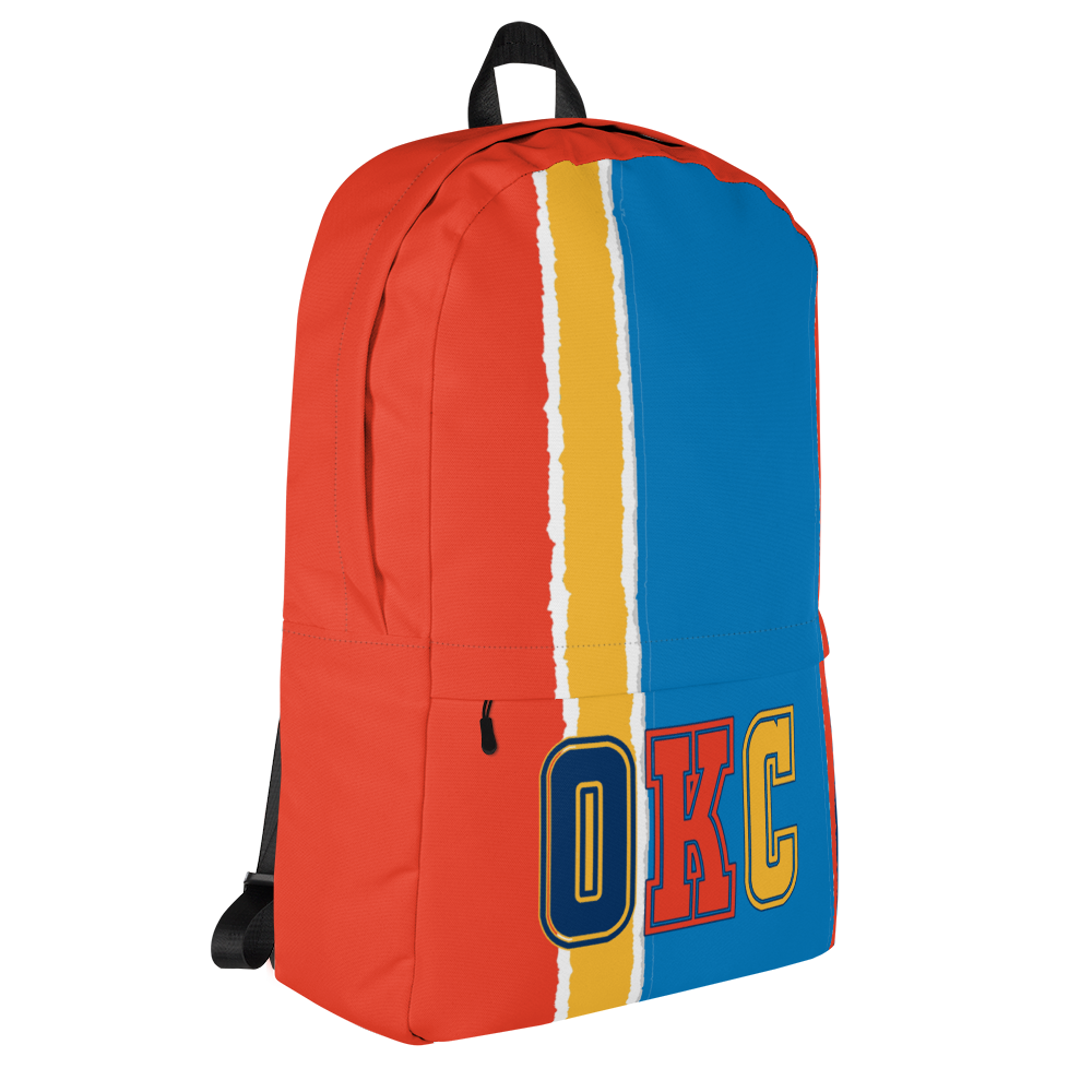 Orange, Yellow, Light &amp; Dark Blue Backpack, Orange Trim with OKC Text - Left Side