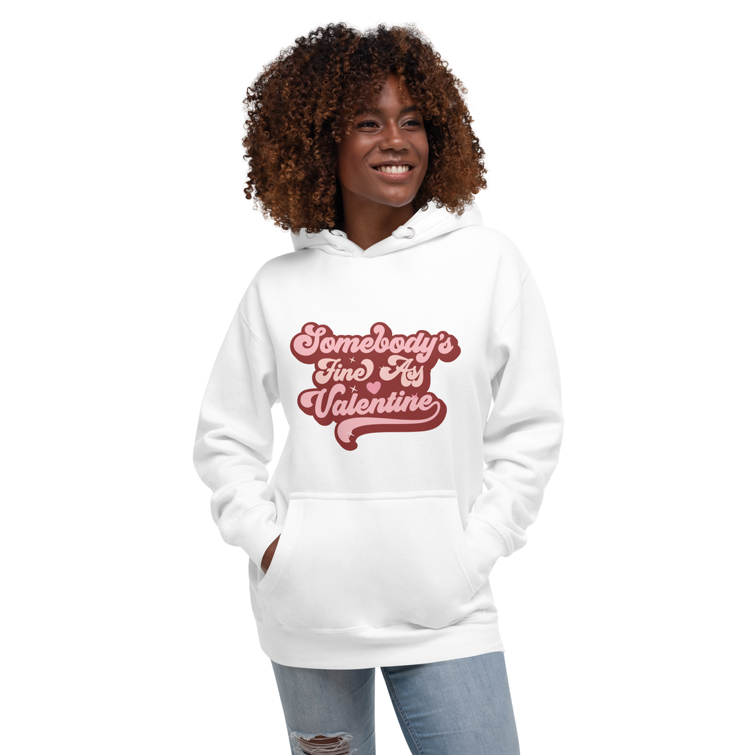 African American Woman Wearing White Hoodie with Pink Retro Style Text "Somebody&
