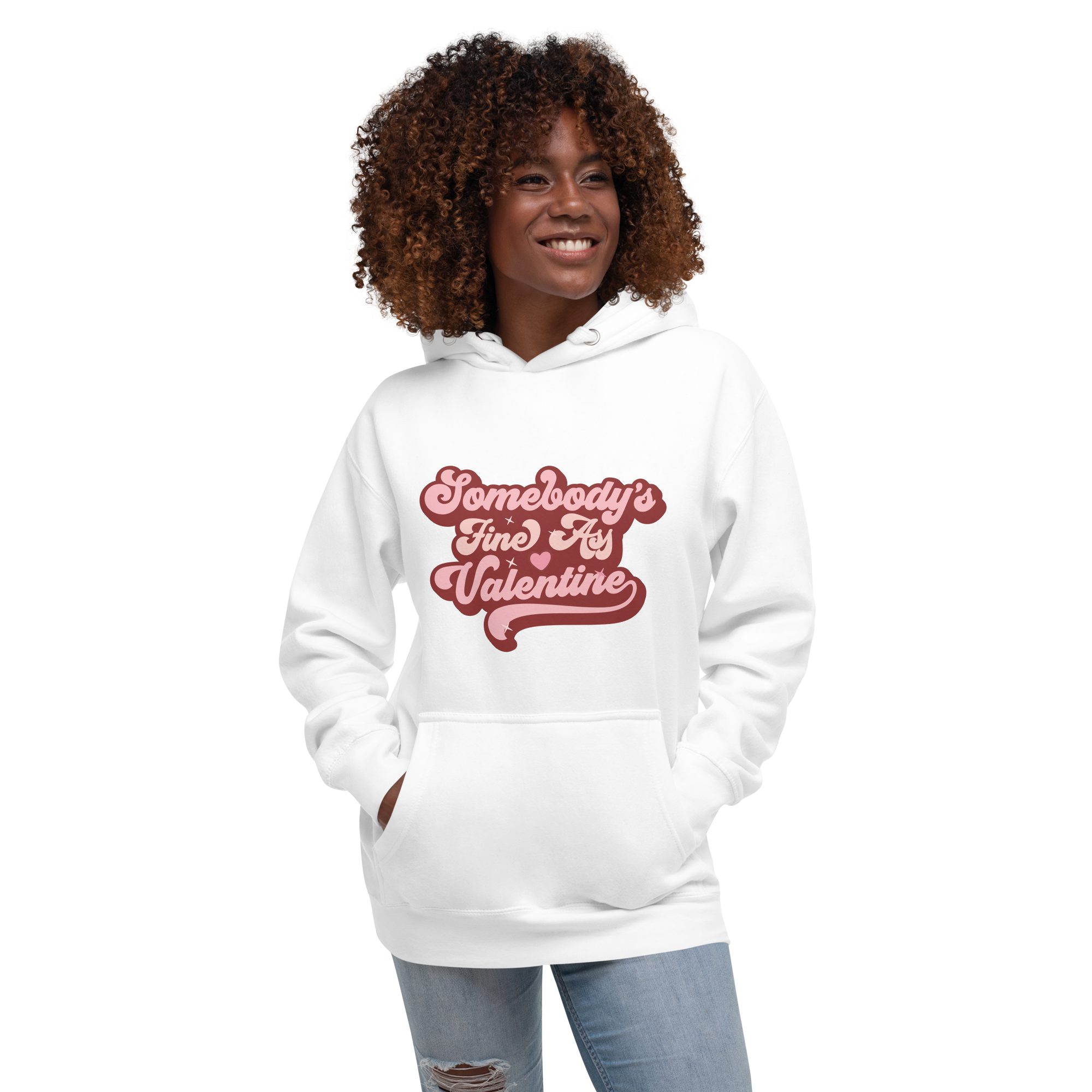 African American Woman Wearing White Hoodie with Pink Retro Style Text &quot;Somebody&